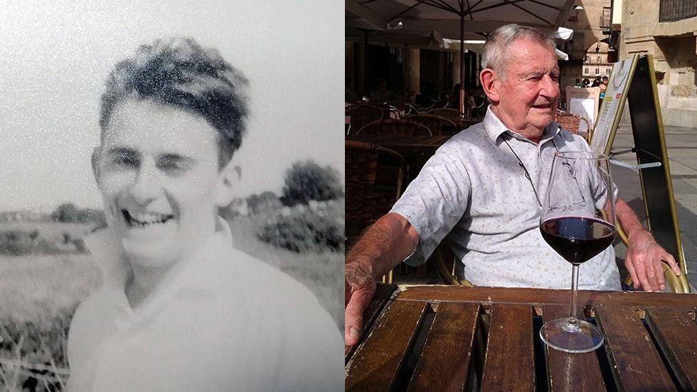 Alun Roberts in a black and white photo as a young man, and in a colour photo taken more recently with a glass of red wine on the table