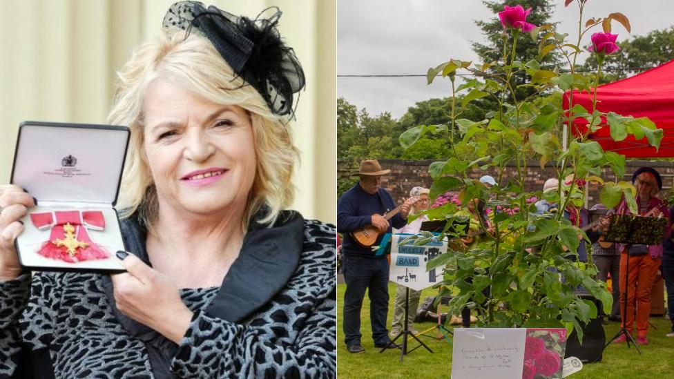 Sylvia Lancaster and the rose planted in her honour