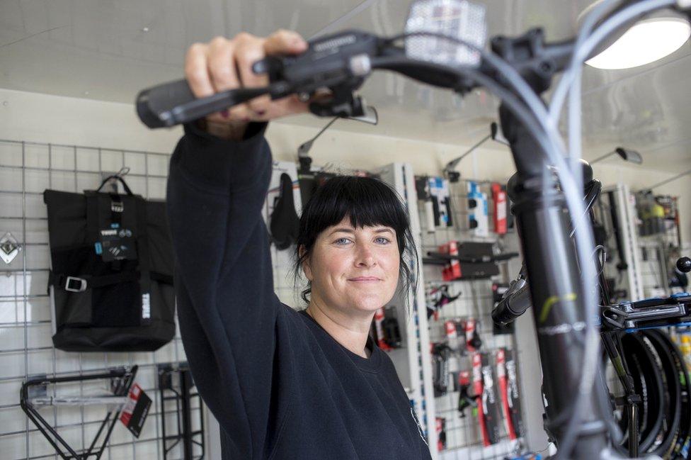 Roz McGuigan in a bike shop