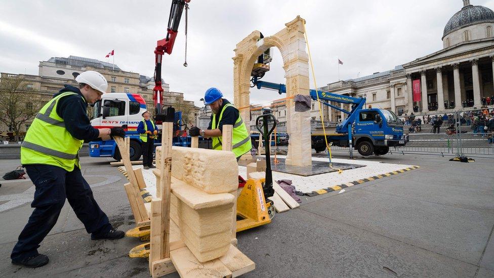 The replica of the Arch of Triumph being constructed in Trafalgar Square