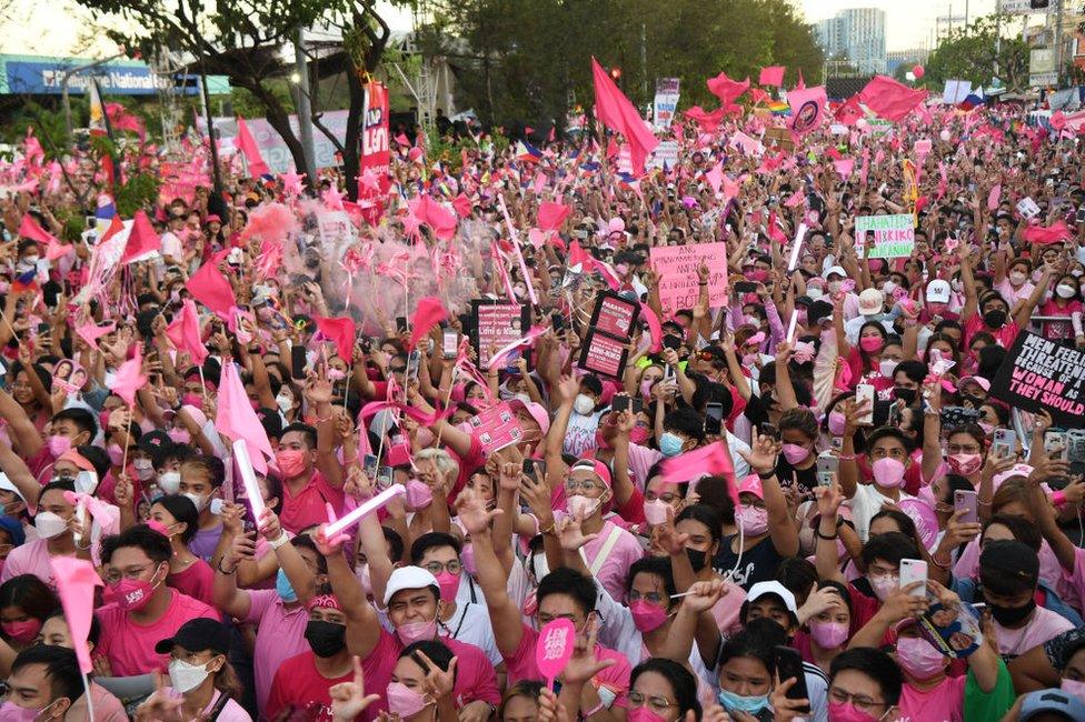 On April 23, 2022, thousands of supporters of Philippine Vice President and opposition presidential candidate Leni Robredo attend a campaign rally coinciding with her birthday in Pasay, suburban Manila.