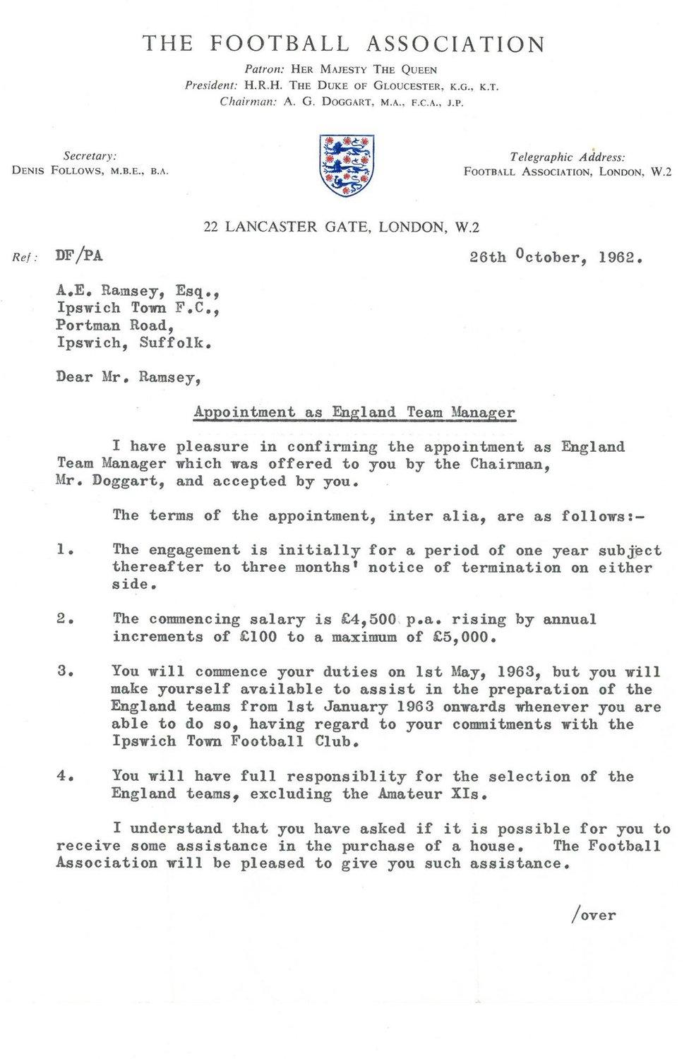 Letter to Alf Ramsey