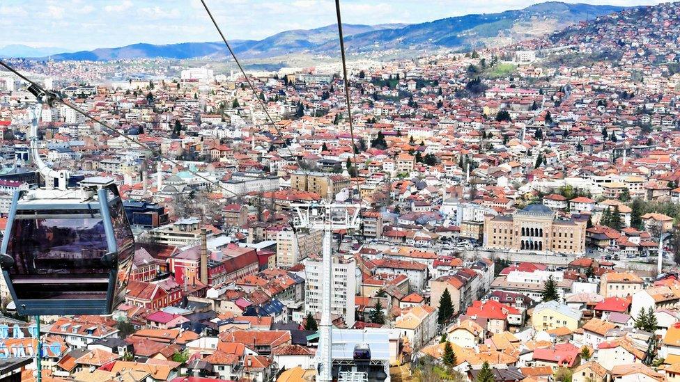 A view from the newly-reopened Sarajevo cable car, connecting Sarajevo Old Town with Vidikovac on Mount Trebevic on 6 April 2018