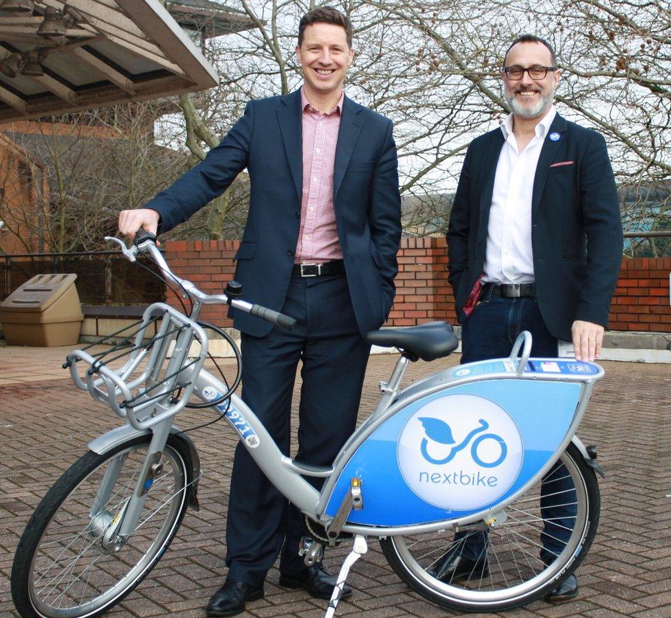 Councillor Caro Wild (left) and Julian Scriven, from Nextbike UK, with one of the bikes