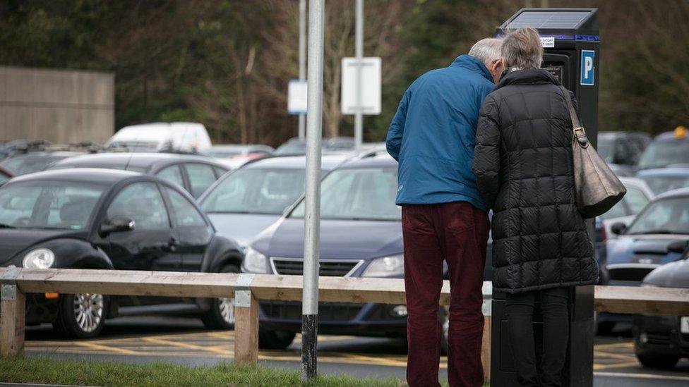 Couple using car parking machine