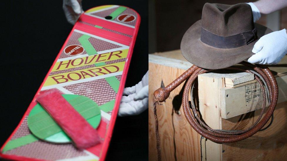 Marty McFly's hoverboard from Back to the Future II and Indiana Jones's hat and whip