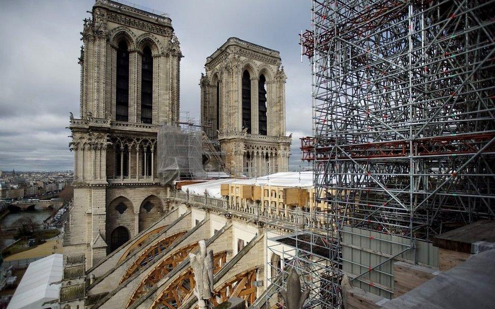 Bell towers from alongside scaffolding