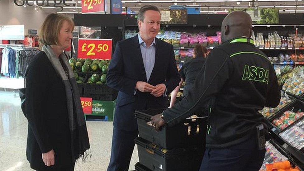 David Cameron visiting an Asda store in Hayes with Labour's former deputy leader Harriet Harman