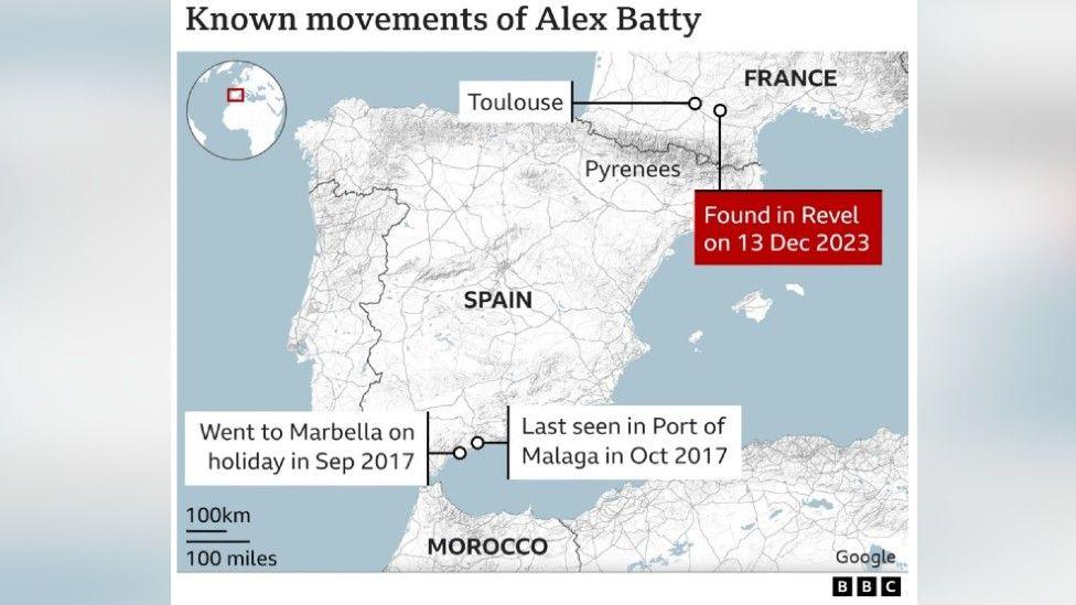 A map of Spain and France showing the know movements of Alex Batty, which marks he was found over the French border in Revel on 13 December, close to Toulouse. Other marks show he want on holiday to Marbella in September 2017, and was last seen in the nearby port of Malaga in October 2017.