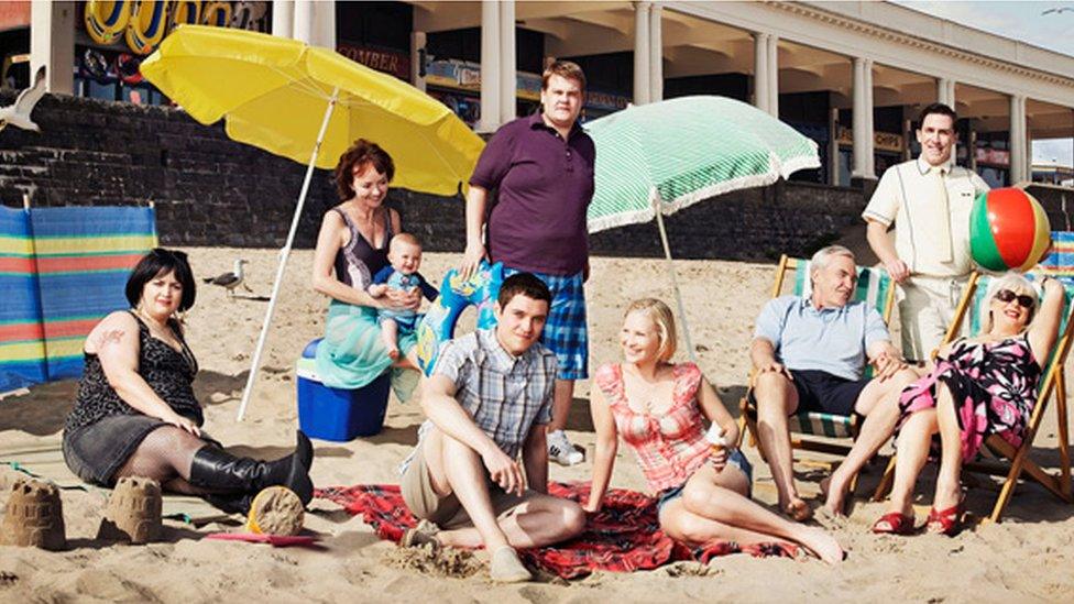 Cast of BBC TV's Gavin and Stacey on the beach at Barry Island