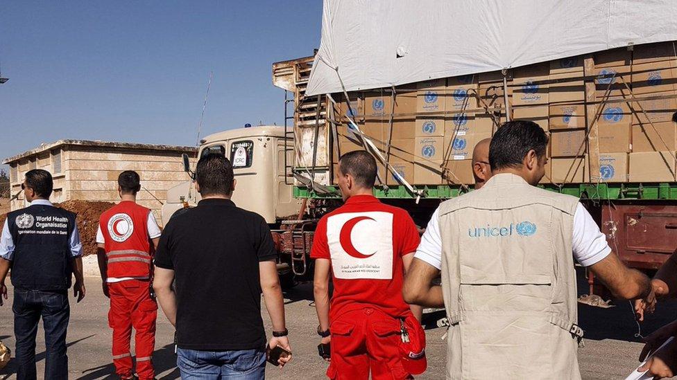 Convoy of 31 trucks preparing to set off to deliver aid to the western rural side of Aleppo, Syria, 19 September 2016