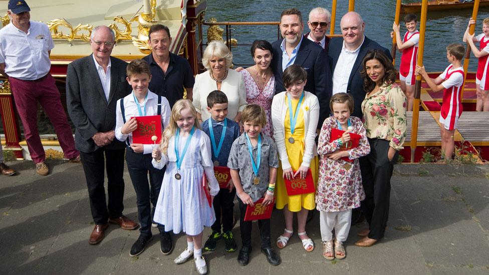 Jim Broadbent, Jason Isaacs, Amanda Abbingdon, David Walliams, Chris Evans, Dara O'Briain and Shobna Gulati with the Duchess of Cornwall (centre) and the winning writers