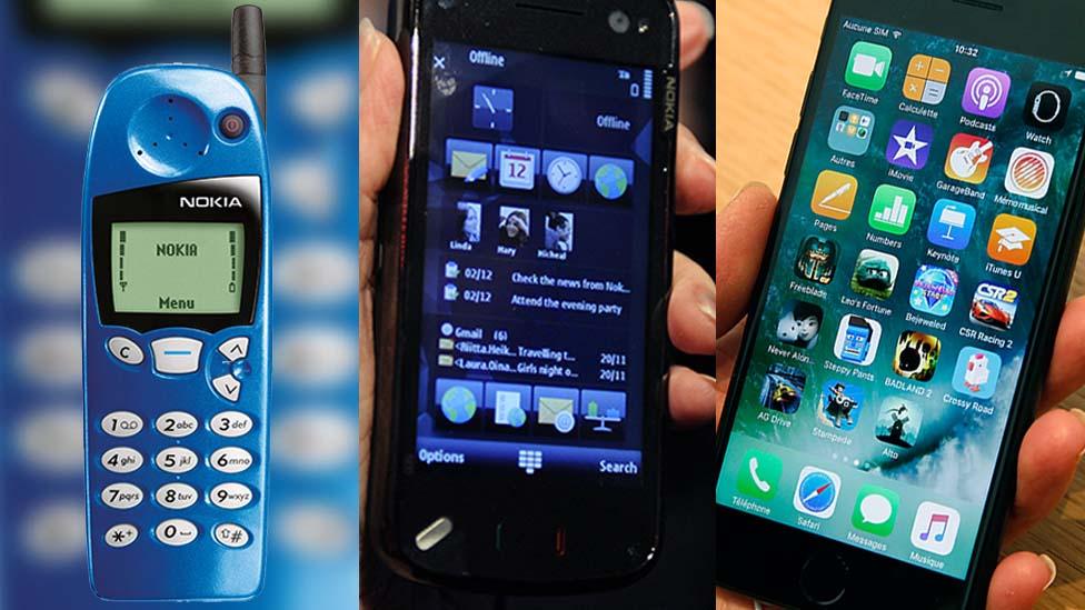 A Nokia 5510, Nokia N97 and an iPhone 7