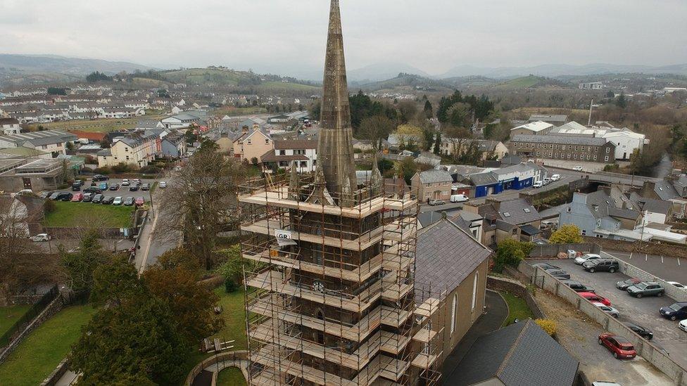 scaffold around Donegal Parish Church spire