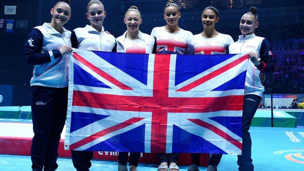 Great Britain's Alice Kinsella, Jessica Gadirova, Jennifer Gadirova, Georgia Mae Fenton and Ondine Achampong celebrate winning silver in the women's team final