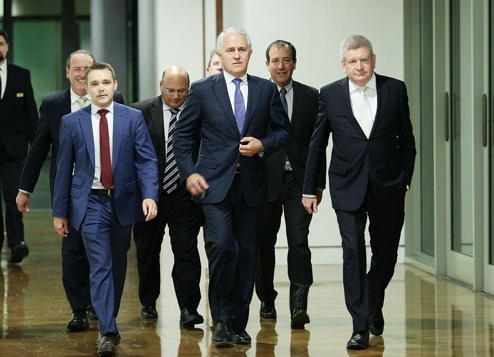 Squad. Malcolm Turnbull is the first contestant to enter the ring surrounded by a select coterie of allies.