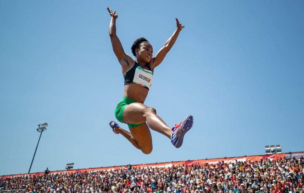 Victory George of Nigeria competes in the Women"s Long Jump Stage 2 at the Athletics Field, Youth Olympic Park during The Youth Olympic Games, Buenos Aires, Argentina, 14 October 2018