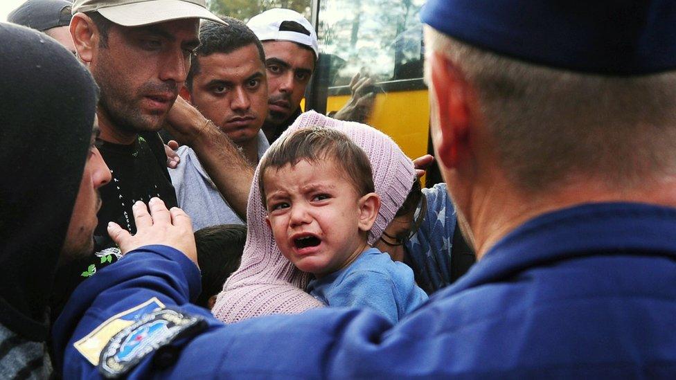 Hungarian police stopping refugees near Roszke, 8 Sep 15