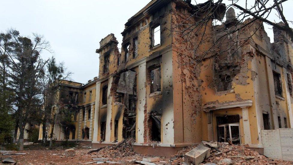 A view of a school destroyed as a result of fight not far from the centre of Ukrainian city of Kharkiv