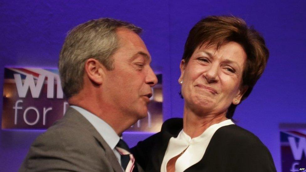 Nigel Farage greets Diane James after she is elected leader in 2016