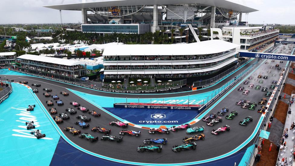 A digital composite of multiple moments during the F1 Grand Prix in Miami, captured from a fixed camera