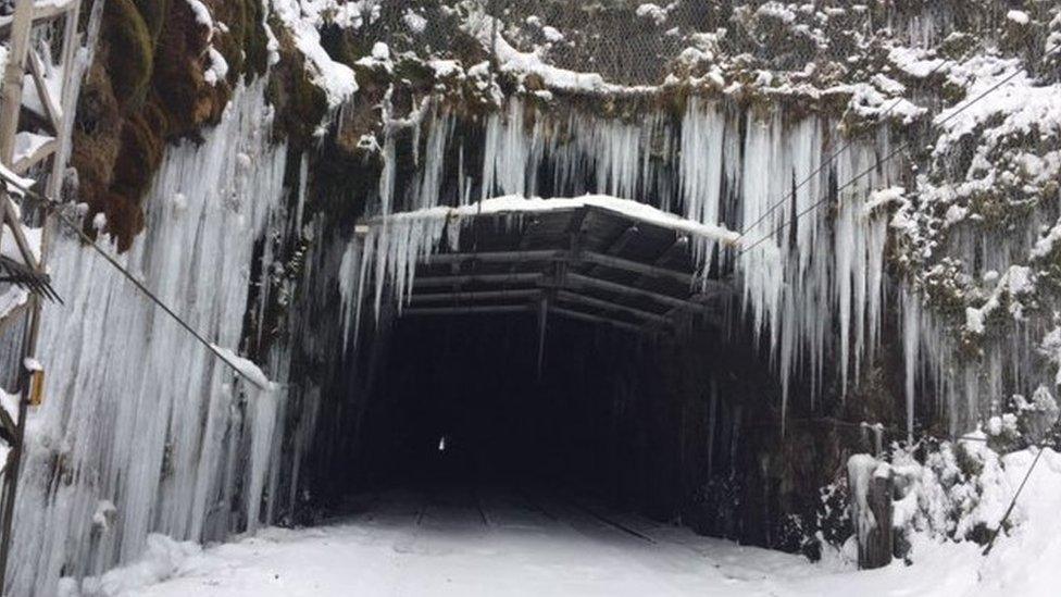 Icicles at entrance of railway tunnel