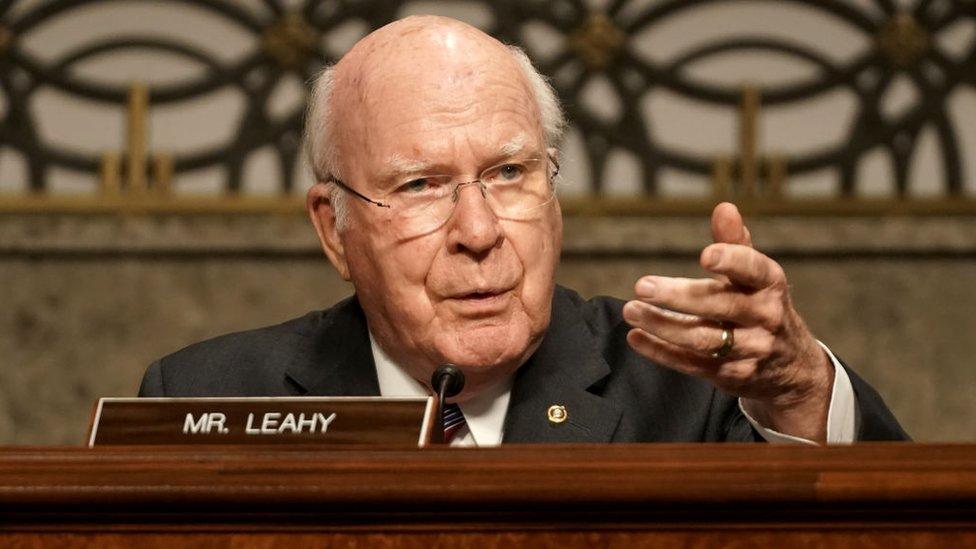 Sen Patrick Leahy questions Former Deputy Attorney General Rod Rosenstein during a Senate Judiciary Committee hearing