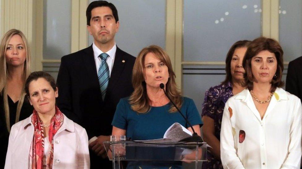 Peruvian Foreign Minister Cayetana Aljowin (C) speaks during a press conference in Lima, Peru, 13 February 2018,