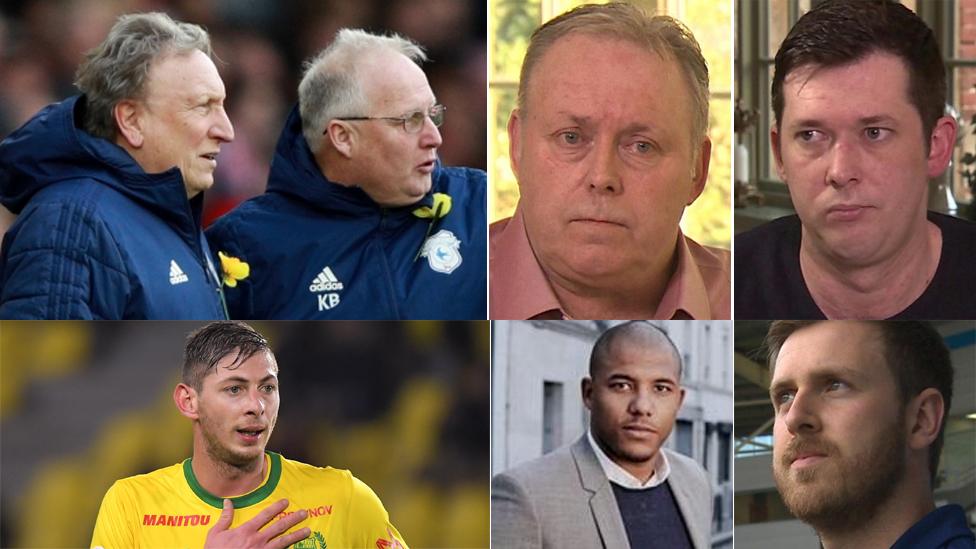 Picture clockwise top left: Neil Warnock with assistant manager Kevin Blackwell; Willie and Mark McKay, Callum Davies, Meissa N'Diaye and Emiliano Sala