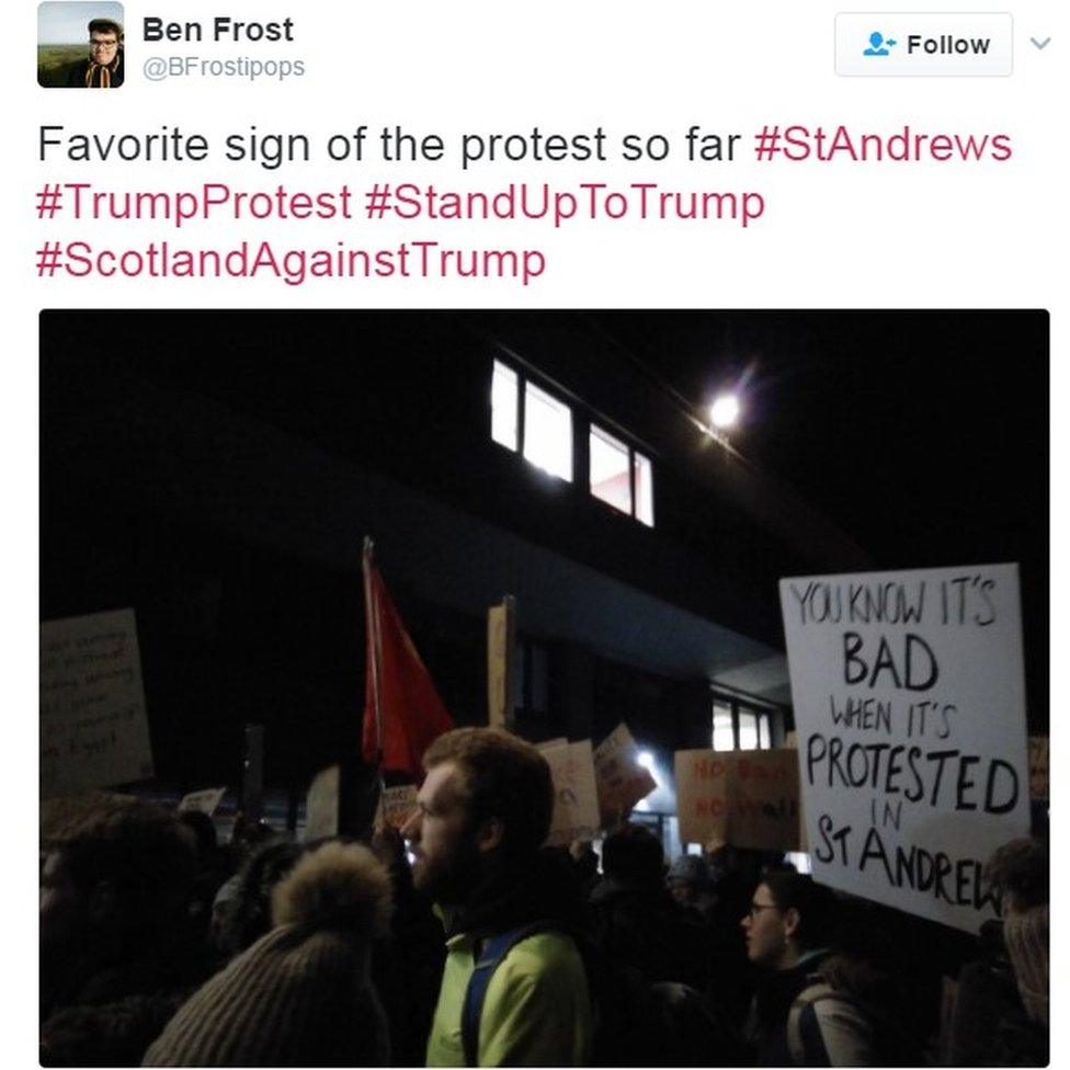 "You know it's bad when it is protested in St Andrews" reads a sign at a protest in St Andrews