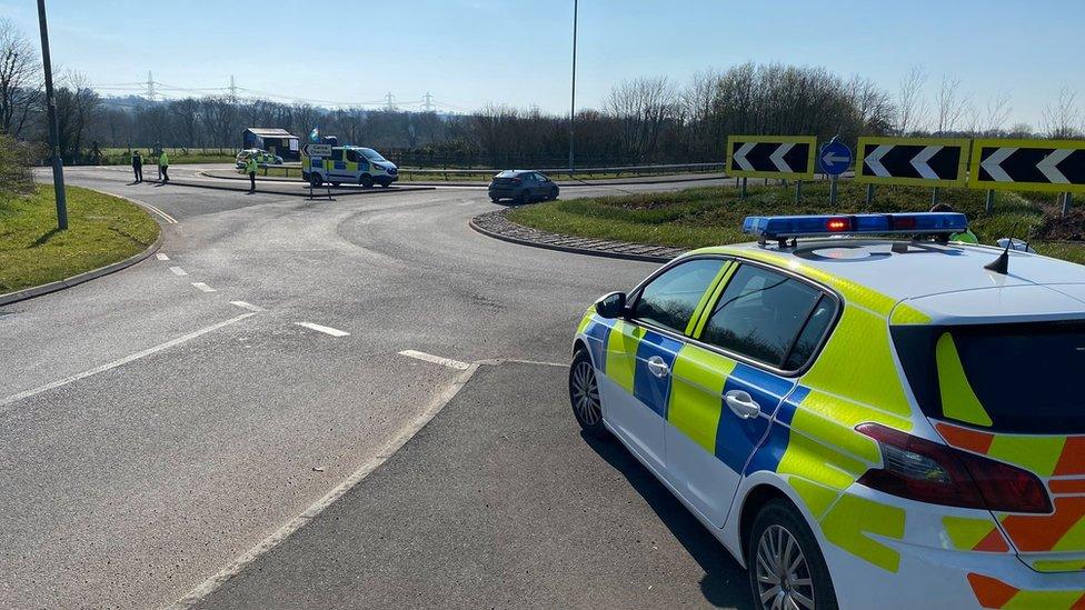 A police check point in Carew, Pembrokeshire