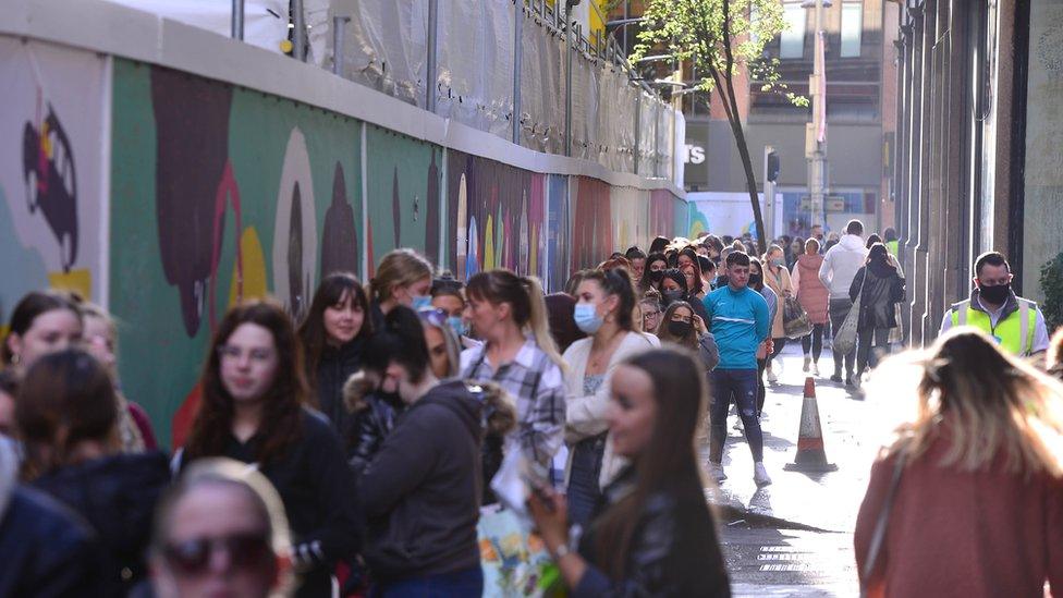 Dozens of shoppers lining up to get into Primark in Belfast