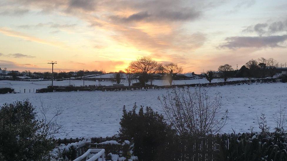 A golden sky provides the backdrop to this winter wonderland in Drumbo, County Down