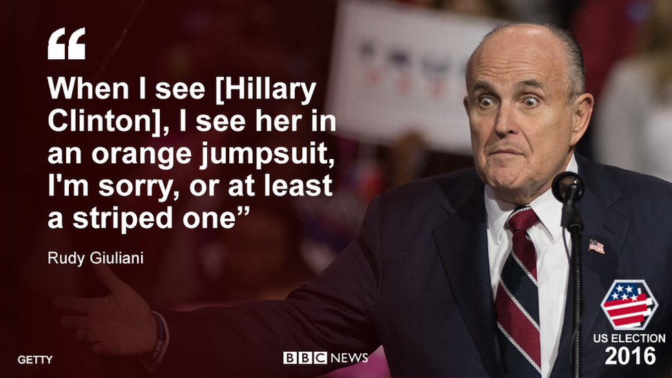 Quote from Rudy Giuliani: "When I see [Hillary Clinton], I see her in an orange jumpsuit, I'm sorry, or at least a striped one"