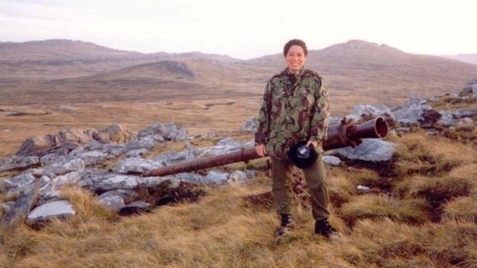 Dorothy in the Falkland Islands by an abandoned Argentinean artillery piece