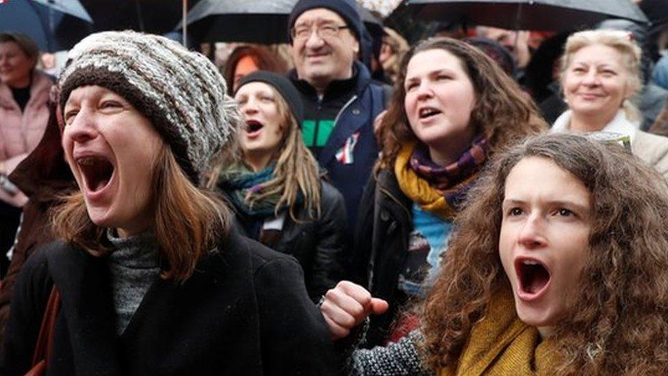 People chant as they attend a Hungarian protest against the government in Budapest, Hungary 15 March 2018