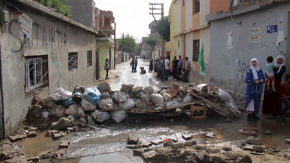 A street with sands bags in Cizre, Turkey on 12 September, 2015