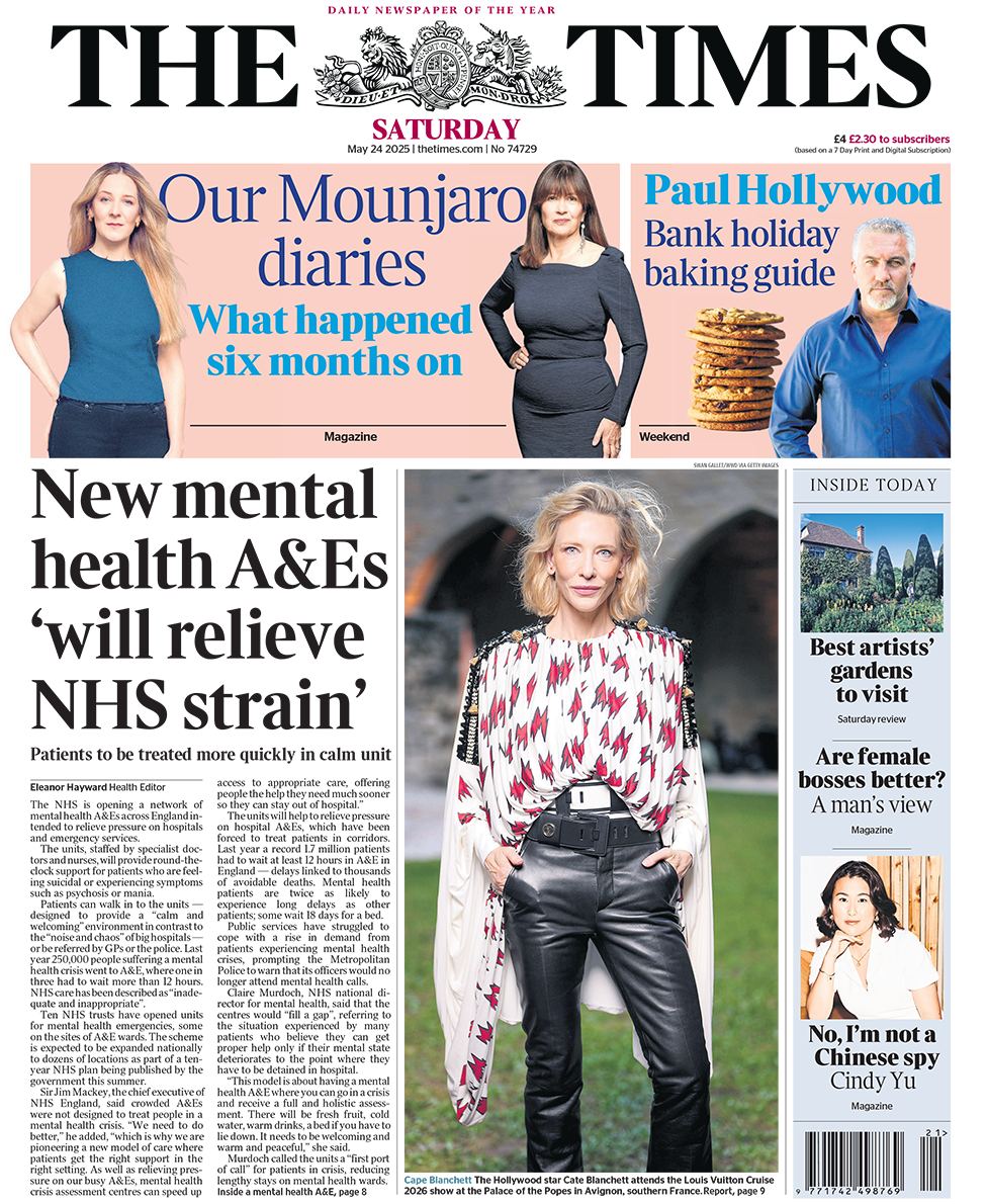 Times Front page with headline: "New mental health A&Es ‘will relieve NHS strain'"
