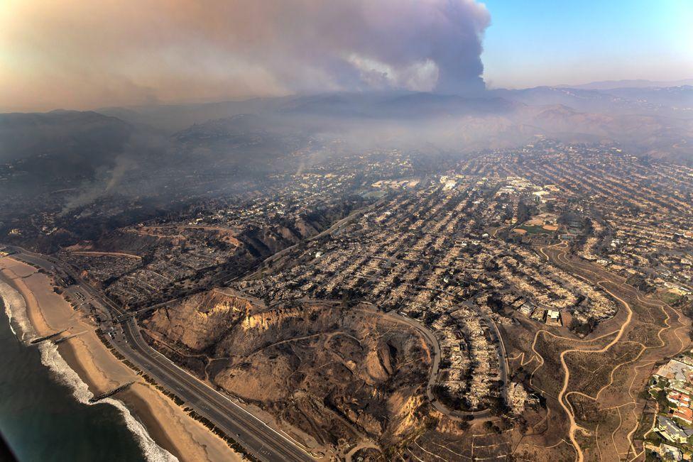 Aerial view of a neighbourhood destroyed by the Palisades fire