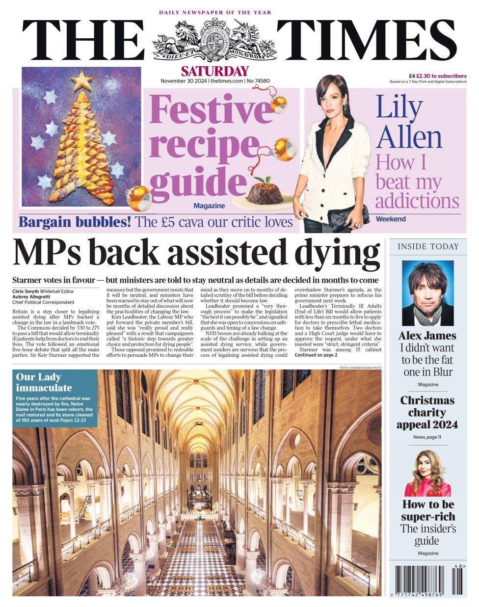 The headline in the Times reads: MPs back assisted dying