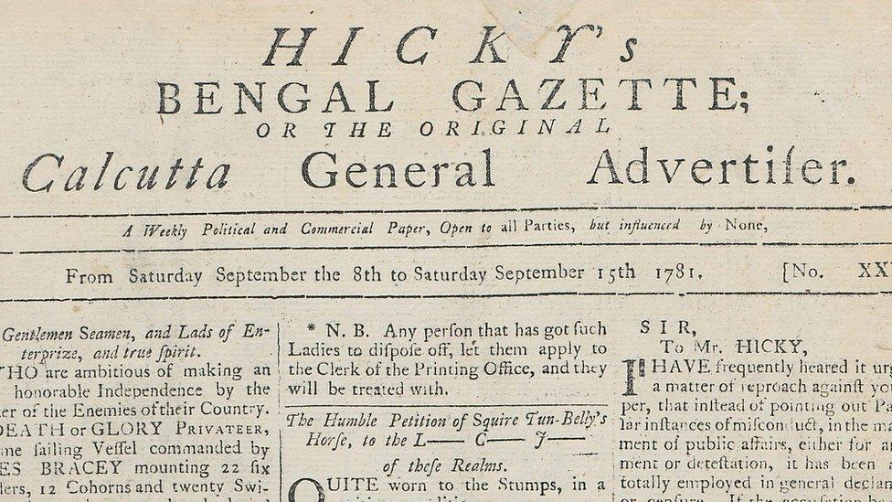 The front page of Hicky's Bengal Gazette, 28 April 1781