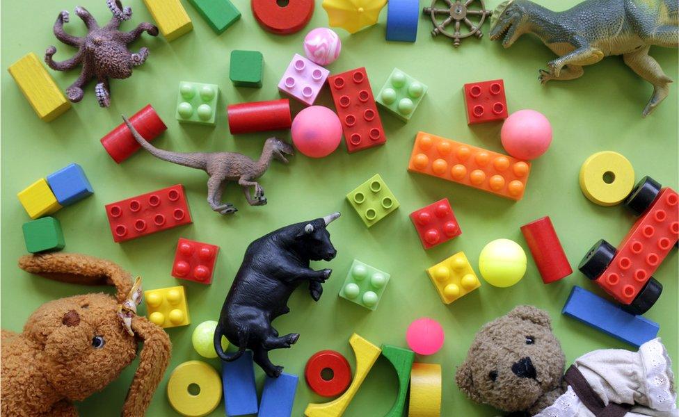 General image of children's toys, including toy dinosaurs, balls, building blocks and a teddy