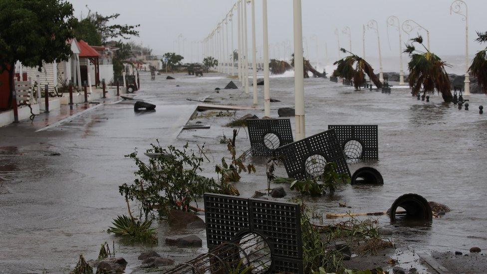 Debris on a flooded seafront after Hurricane Maria in Basse-Terre, Guadeloupe.