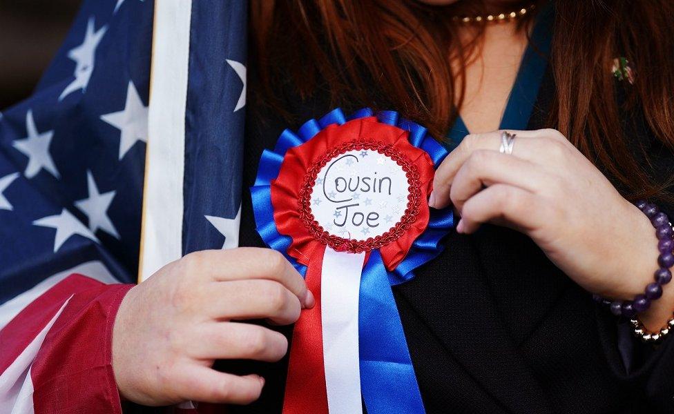 Joe Biden irish relative holding Cousin Joe brooch