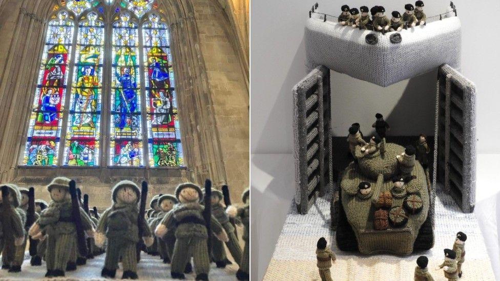 A composite image with one half showing a number of crocheted marching soldiers in front of a minster window, the other half showing a crocheted scene with a tank driving off the opened bow of a ship