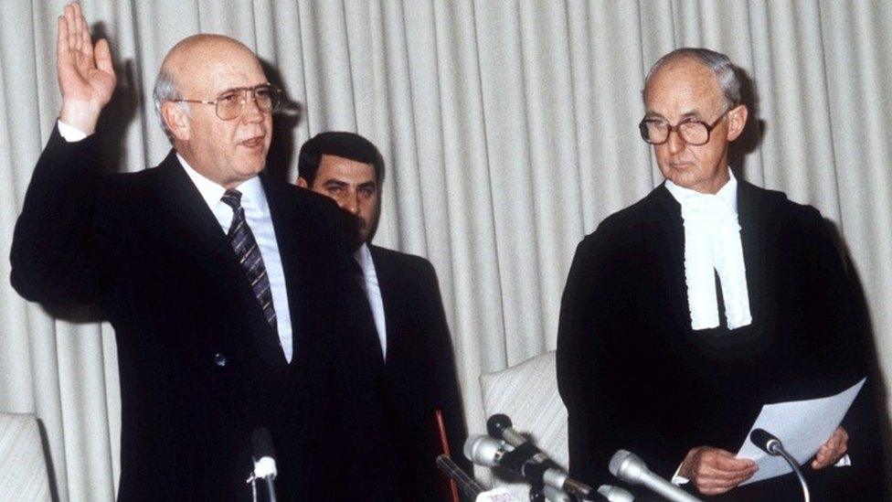 F W de Klerk being sworn in as acting state president in 1989