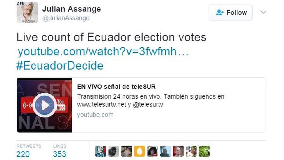 Tweet by Julian Assange reading: Live count of Ecuador election votes, and a link to Telesur's coverage