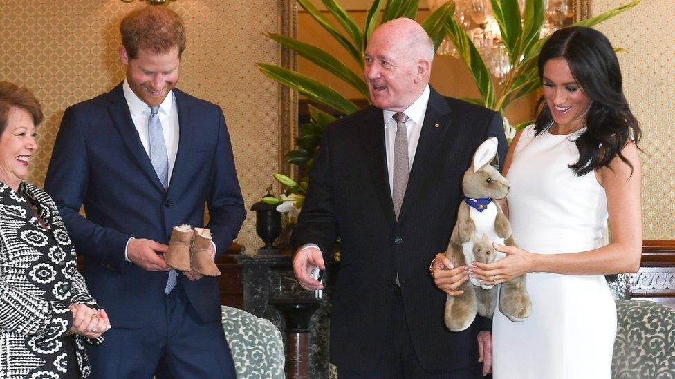 Price Harry and Megan the Duchess of Sussex receive baby gifts from Australia's Governor General Peter Cosgrove and wife Lynne Cosgrove