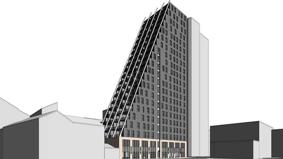 A greyscale CGI image of the proposed Church Row tower block showing a tall triangular-shaped apartment block with a slope from the roof to the top of the first floor