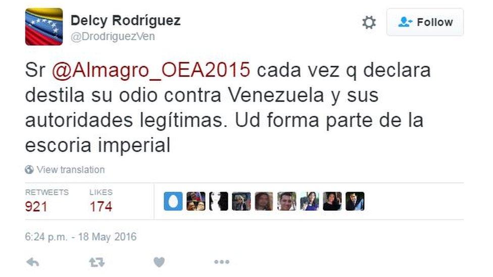 A tweet by Delcy Rodriguez reading: "Mr Almagro, every time you makes a statement he expresses his hatred against Venezuela and its legitimate authorities. You are part of the imperialist detritus